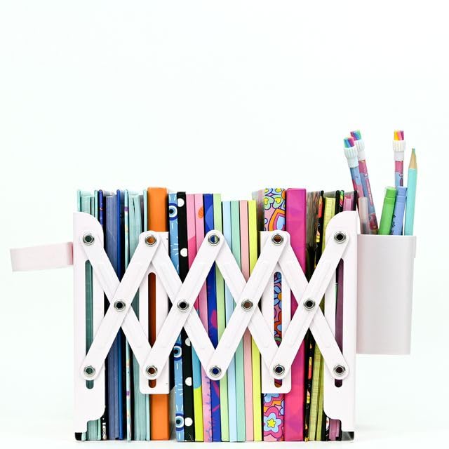 Image of Adjustable Bookend Organizer with Pen Holder | Expandable Desk Bookshelf for Office, Study, and Home | Book Rack Stand for Books, Files & Stationery (Extends Up to 17 Inches) - Pink