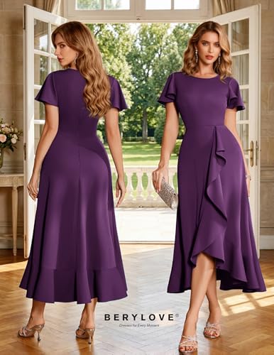 Image of BeryLove Women Formal Party Dress Flutter Short Sleeve Wedding Cocktail Long Evening Dress