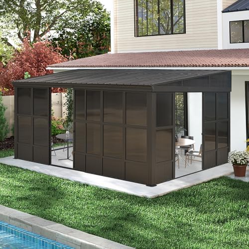 Domi 12x16FT Sunroom,Wall Mounted Gazebo Solarium with Front Door, Both Side Entrance, Galvanized Steel Sloping Roof, Moveable PC Screen, Outdoor Permanent Sun Room Lean to Gazebo for Deck Patio