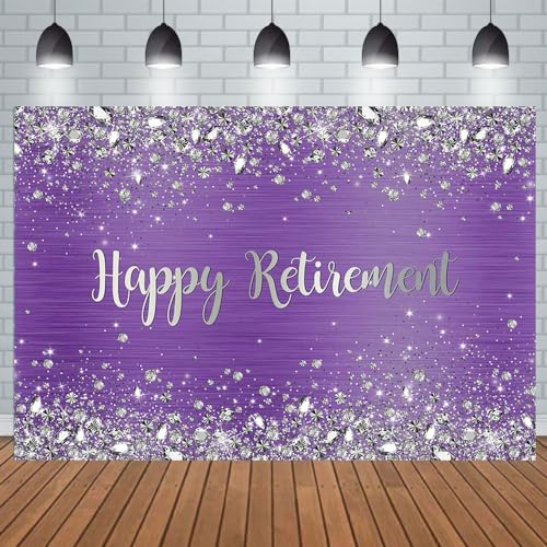 Aperturee 5x3ft Happy Retirement Backdrop for Women,Glitter Purple Diamonds Shinning Silver Bokeh Dots Photography Background Party Decorations Cake Table Banner Supplies Photo Booth Studio