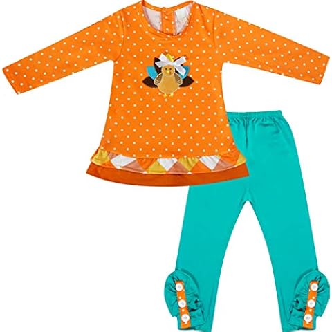 Smocking Bee Boutique Clothing Toddler Girls Thanksgiving Turkey Polka Dot Top Leggings Set Turquoise/Orange 2T/S Cover