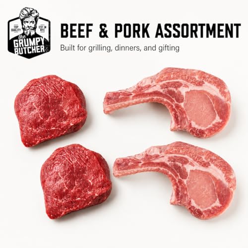 Image of Grumpy Butcher Aged Top Sirloin Steaks & Duroc Bone-In Pork Chops, 4 Piece Meat Gift Set - USDA Top Choice Beef Steak With Gift Box Option - Ships Frozen