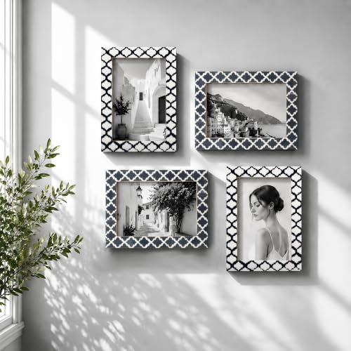 Image of Handicrafts Home Grey & White Vintage Photo Frames for Wall or Tabletop Display, 4x6 Picture Frame Set of 2,Boho Farmhouse Gallery Wall Frame Set, Artisan Handmade Home Decor, Handmade Moroccan Frame