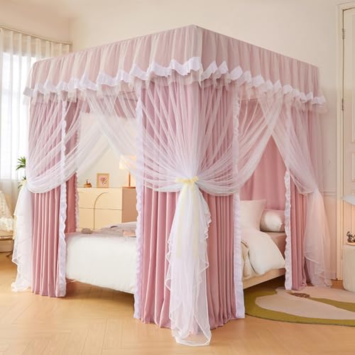 4 Corners Post Solid Color Bed Canopy Curtain Double Layer Princess Mosquito Net for Girls Adults Bedroom Decoration Queen Size Pink