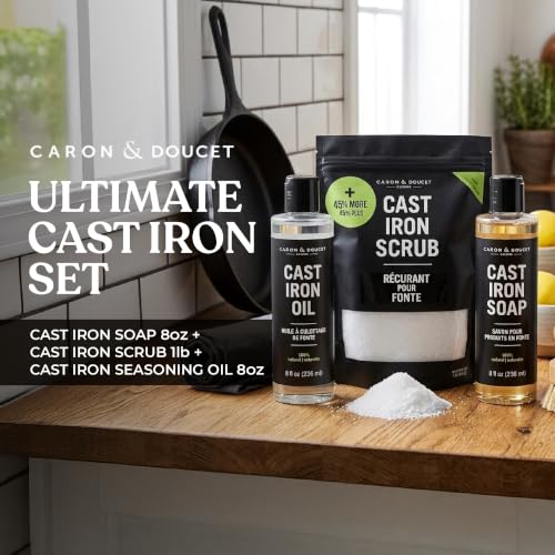 Image of CARON & DOUCET - New Ultimate Cast Iron Set: Seasoning Oil, Cleaning Soap & Restoring Scrub | 100% Plant-Based & Best for Cleaning Care, Washing, Restoring & Seasoning Skillets, Pans & Grills!