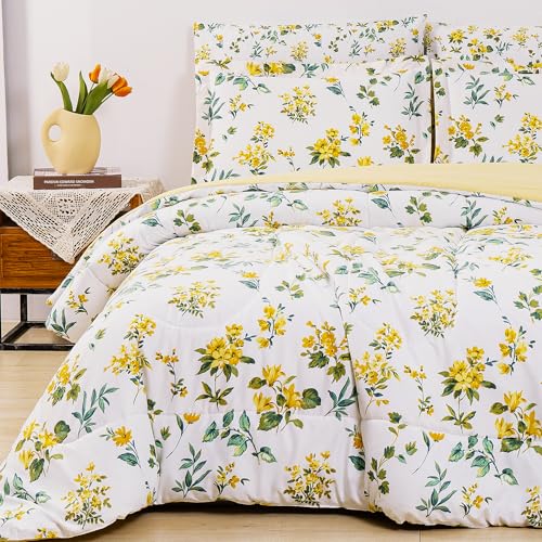 Image of lasoftan Floral King Comforter Set with Sheets, 7 piece Luxury Vintage Bedding, Soft Microfiber Bed in a Bag, Cozy Lightweight Bed Set, Yellow Flower Green Leaves