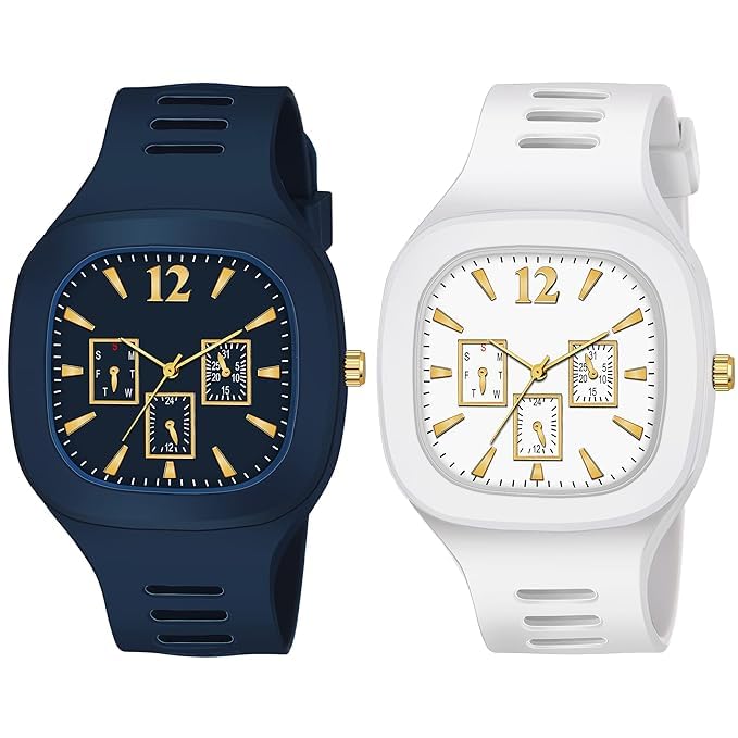 KE GALLERY Silicone Premium Square Dial Strap Analog Silicon Strap Stylish Designer Analog Watch Combo for Boys Men Pack of 2 (Blue-White) (B0D5HMN6JW) Amazon Price History, Amazon Price Tracker