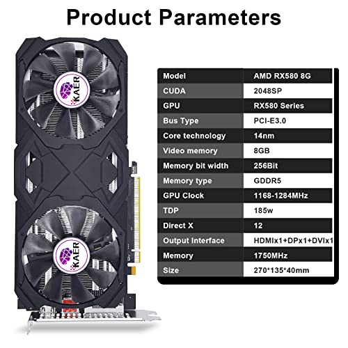 Kaer Rx580 8Gb Graphics Card Gddr5 256Bit Computer Graphics Card With Dual Fans 1284/7000Mhz,Pci Express 3.0 Gaming Graphics Card, Dvi Hdmi Dp Desktop #TOP1