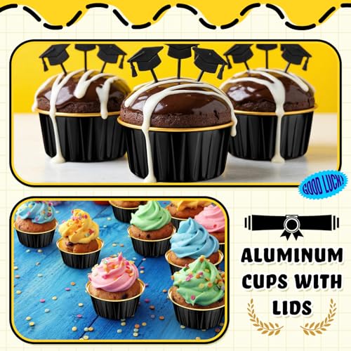 Vesici 120 Pcs Mini Aluminum Foil Baking Cup with Lids 5oz Round Cupcake Cup Disposable Muffin Liners Pie Pan Foil Ramekin Container for Wedding Birthday Party Supplies(Black and Gold) by Vesici - Image 3