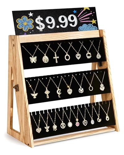 Bulado Necklace Display for Vendors Foldable Necklace Holder with 66 Slots 3 Tier Jewelry Display for Selling Wood Jewelry Storage Organizer Stand with Black Velvet for Craft Show