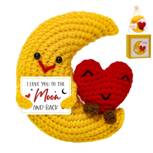 Crochet Moon Heart Mother's Gift – Handmade Crochet Pocket Hug Heart I Love You Mum Gift for Women Couples Best Friend Her Him Boyfriend Anniversary Wedding Mother's Day Decoration