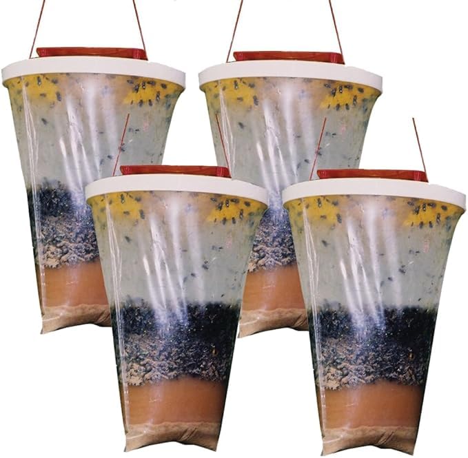 Fly Trap Bag,Large Capacity Outdoor Hanging Fly Traps with Fly Bait,Fly Catcher Outdoor Indoor Disposable, Non-Toxic Fly Catcher for Outdoors Garden Farm Horse Barn (4PCS)