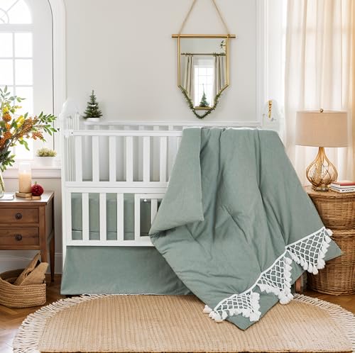 Image of Brandream Gender Neutral Boho Bohemian Baby Girl Boy Nursery Crib Bedding Set - 6pc - Solid Color Sage Green Farmhouse Chic Unisex Minimalist Tassel Fringe Macrame 100% Washed Cotton