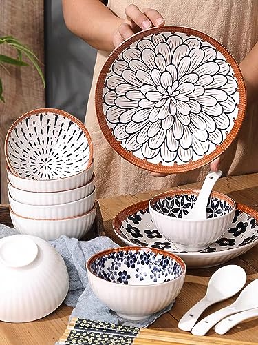 Image of Japanese Ceramic Dinnerware Set for 2, Floral Bowl Plate Set with Chopsticks & Spoons, Microwave Dishwasher Safe Tableware Gift Set for Home Kitchen Dining