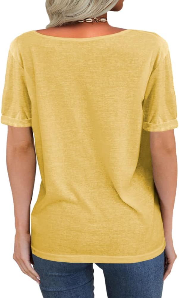 Danedvi Women Fashion Deep V-Neck Short Sleeve Tops Solid Casual Loose Basic T Shirt - Image 2
