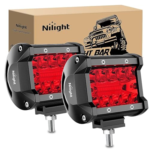 Nilight 4 inch LED Light Pod Red Triple Row 2PCS 60W Flood Spot Combo Driving Fog Lights Fishing Hunting Emergency Safety Signal Deck Trailer Lighting for UTV Pick-up Van Boat Tractor