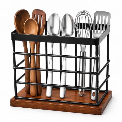 Image of MS Craft World Wooden Cutlery Holder with Metal Stand | Spoon Holder for Kitchen, Fork Organizer for Dining Table, Utensil Holder for Kitchen Counter | Rustic Wood Finish (Rectangular)