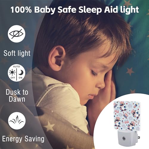 Image of Cute American Patriotic Gnomes Night Light Plug into Wall, USA Flag Love USA Dusk to Dawn Night Light Plug in,0.5w Energy Saving Sleep Friendly NightLight for Kids Boys Girls Home Decor