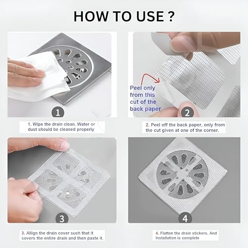 Image of Netfly Large Upgraded Drain Cover Hair Catcher Disposable Waterproof Drain Guard Mesh Stickers Drainage Jali Shower Drain Cover for Bathroom Floor Sink Bathtub (4 Inch x 4 Inch) (Pack of 80)