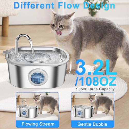 AQXONG Trinkbrunnen für Haustiere aus Edelstahl, 3.2L Trinkbrunnen für Katzen und Hunde mit Vierfach-Filtrationssystem, LED-Licht und Ultra-leiser Wasserpumpe