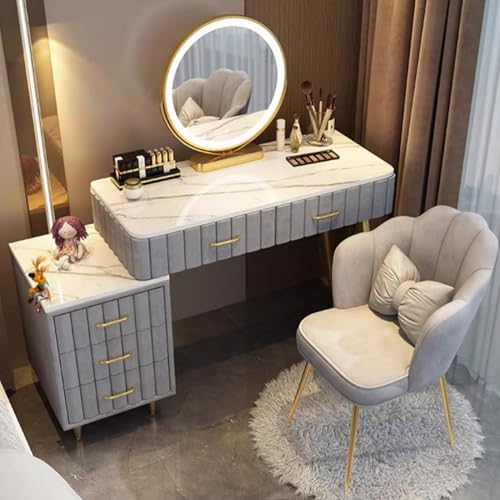 Mesa de tocador con espejo, tocador de 5 cajones con luces LED, brillo ajustable, moderno juego de escritorio y taburete de terciopelo, color blanco