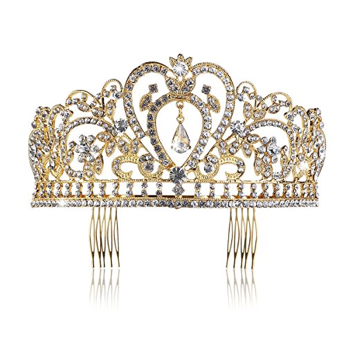 Preisvergleich Produktbild Pixnor Gold Hochzeit Tiara Brautschmuck Krone Strass Kopfbedeckung mit Kamm