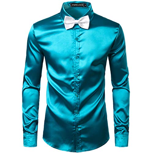 PARKLEES Camisas de vestir de satén brillante tipo seda de lujo para hombre de manga larga para fiesta, disco y graduación, turquesa, XL