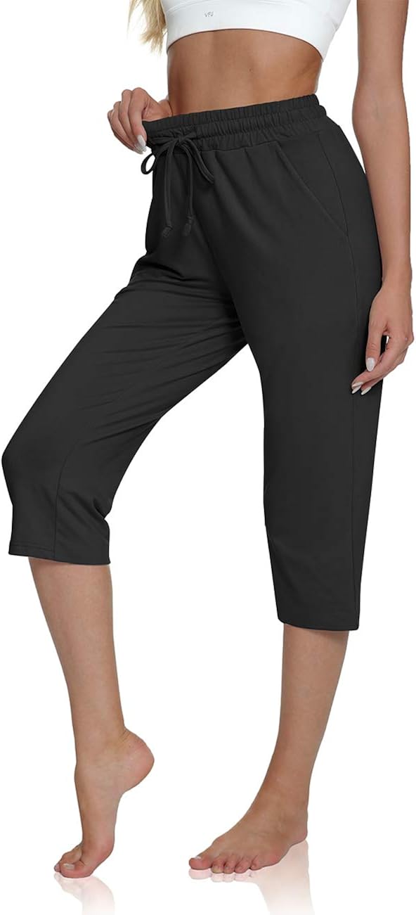 UEU Women's Comfy Drawstring Yoga Capri Pants Loose Workout Sweatpants Wide Leg Lounge Pants with Pockets : Clothing, Shoes & Jewelry