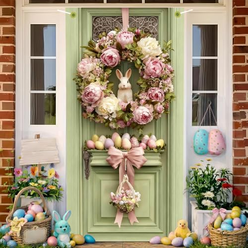 Image of Easter Door Cover 35.43 x 70.87 Inch Elegant Pink Floral Door Scene with Peony Wreath Bunny Accent Decorative Egg Arrangement and Soft Pastel Details for Seasonal Spring Door Decoration