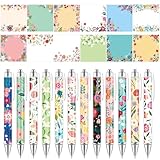 Juego de 12 bolígrafos de flores con 12 notas adhesivas florales, bonitos bolígrafos retráctiles para mujer, bonitos bolígrafos retráctiles, notas de flores, regalos para oficina, escuela, aula
