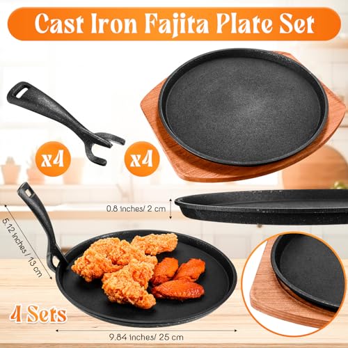 Assiettes à fajita en fonte de 24 cm Mimorou avec bases en bois pour restau et maison