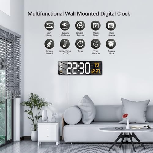 Image of EASEPRES 16 inch Digital Wall Clock with Remote Control - LED Display, Auto-Dimming, Countdown Timer, Temperature & Calendar - 12 /24 Hour Format, ABS Rectangle Design (White + Orange)