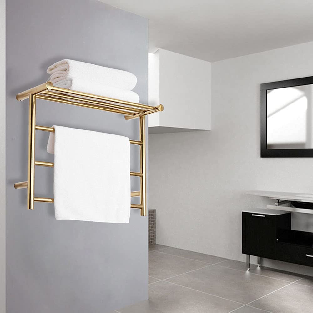 Calentador de Toallas de Acero Inoxidable, radiador toallero eléctrico de Lujo de Pared con Estante para baño, Dorado, 3 + 3 Barras, cableado.