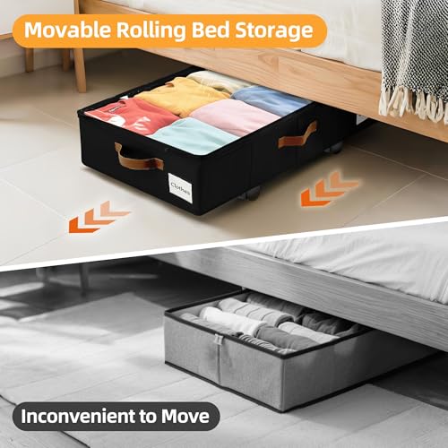 Image of Under Bed Storage with Wheels,Underbed Storage with Sturdy Sidewalls /Bottom, Clear Cover, Label and PU Handle, Rolling Under Bed Drawers for Clothes, Shoes, 6.5 Inch Height,Black, 4 Pack