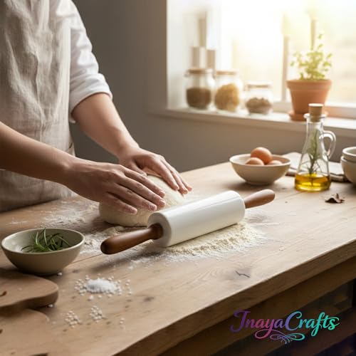 Image of White Marble Rolling Pin with Wooden Handles, 14 Inch Dough Roller for Baking and Kitchen Use, Non Porous Surface Belan for Chapati, Roti, Pizza, Pastry and Dough Preparation