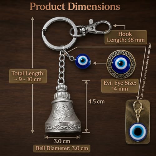 Image of OTTAVO Premium Guardian Bell Keychain for Bike & Car | Tibetan Texture Bell Keychain with Evil Eye & Silver Hook | Good Luck Charm with Laser-Engraved Wooden Gift Box
