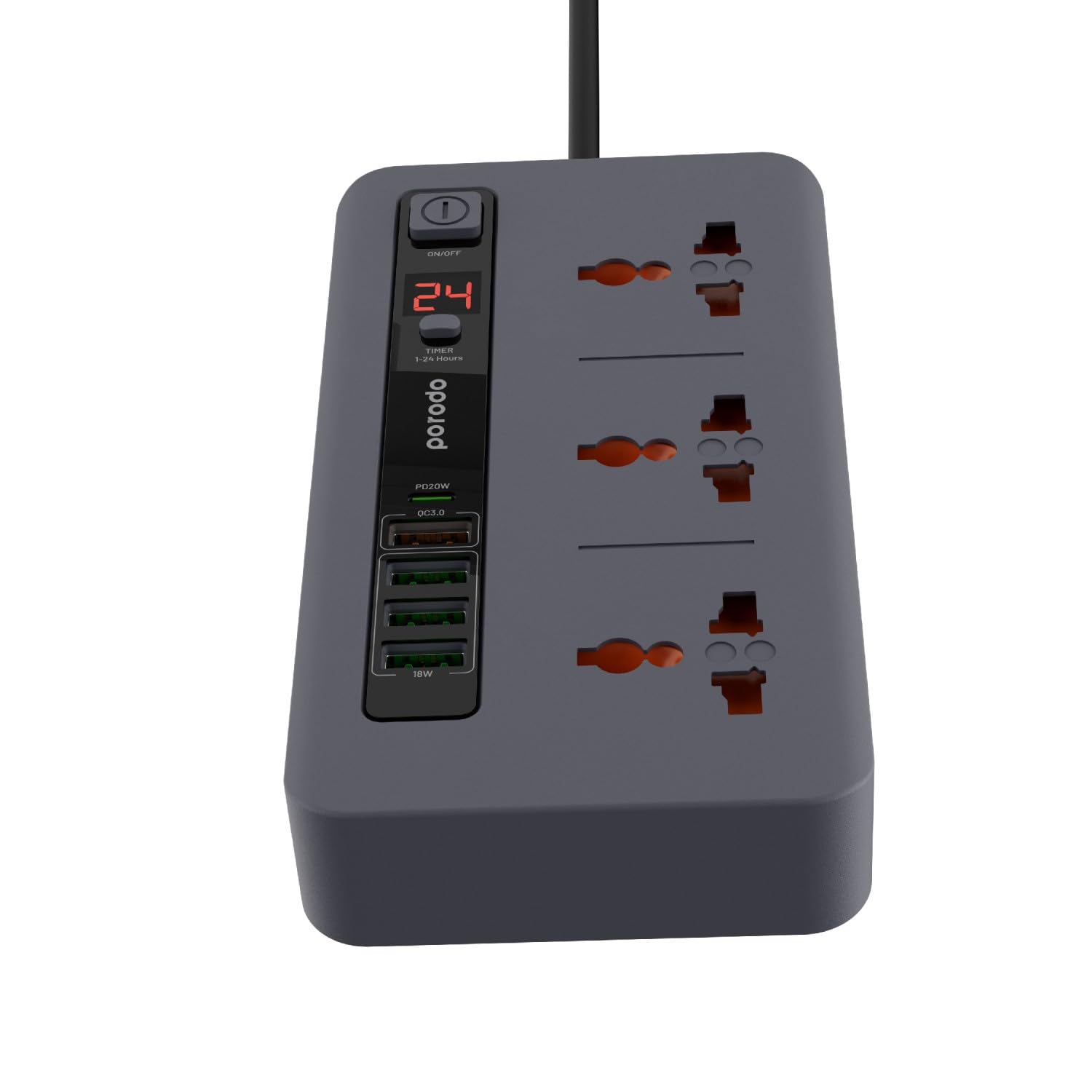Porodo Multi-Port 3000W Power Strip, Fast Charging, USB-A & USB-C PD 20W Multi-Plug Outlet Extender, UK Plug, LED Display, Over-Heat Protection, 2m Cable, 13A Rated Current, Built-In Safeguards