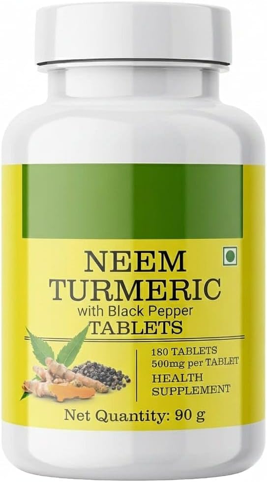 Neem Turmeric with Black Pepper 180 Tablets, Made with Pure Turmeric Root Powder and Neem Leaf Powder, Detox Tablet