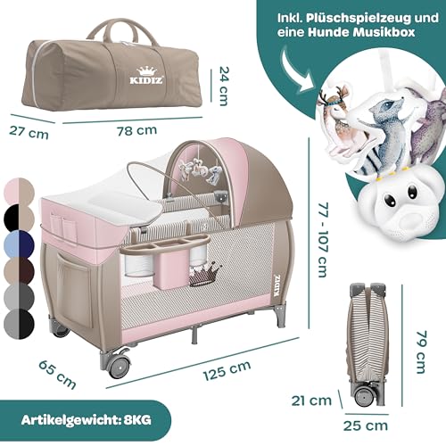 Miniatura 7 de Kidiz Cuna De Bebé 3 En 1 Cama De Viaje, Combi Set, Cama De Bebé Con Cambiador, Mosquitero Corral De Juego, Rosa Beige