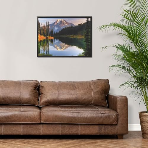 Peinture montagne et lac moderne avec cadre noir de qualité