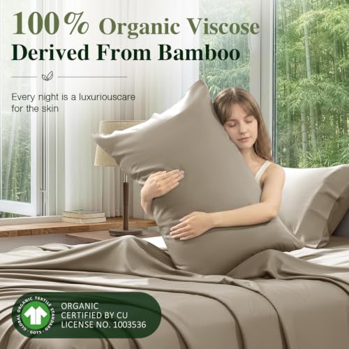 Image of 100% Organically Grown Bamboo Viscose King Sheet Set with Pockets on Side | Hotel Luxury Bed Sheets Set, Deep Pocket Up to 16 Inches, Ultra Soft Cooling Sheets 4pcs (Taupe)