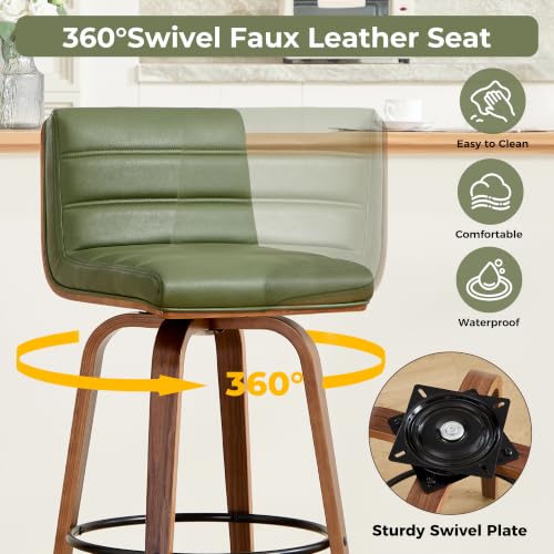 Image of Swivel Bar Stools Set of 1,26 inch Faux Leather Counter Height Barstools with Back,Mid Century Modern Upholstered Bar Chairs with Bentwood Legs Island Stools for Kitchen Counter Green