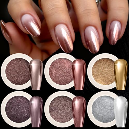 Furtherpretty 6 Colors Brown Chrome Nail Powder Set, Chocolate, Copper,
