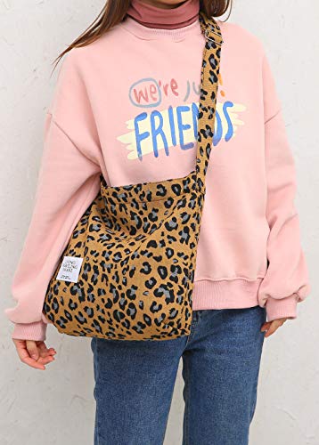 Covelin Women's Retro Large Size Canvas Shoulder Bag Hobo Crossbody Handbag Casual Tote Leopard Brown - Thumbnail 3