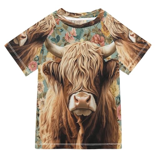 Boys Short Sleeve T-Shirts Cattle Cow Highland Floral Rashguard Kids Swim Shirts Sun UPF 50+