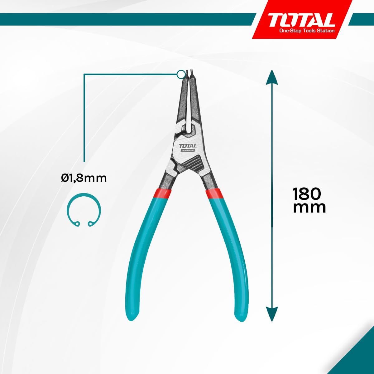TOTAL - Pinze curve per l'apertura esterna di rondelle - 180 mm - Acciaio Cr-V e finitura nera lucida - Resistente alla corrosione - Per anelli di ritegno esterni