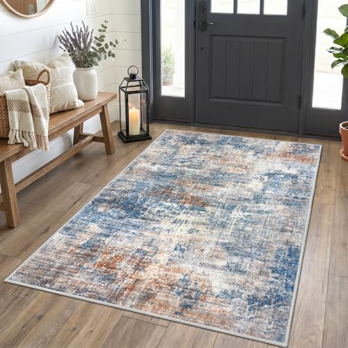 IOHOUZE Abstract Area Rug 4x5 Ft Washable Rugs for Entryway Indoor, Non Slip Small Living Room Rugs Printed Faux Wool Throw Rug, Floor Carpet for Kitchen Nursery Playroom, Blue Rust