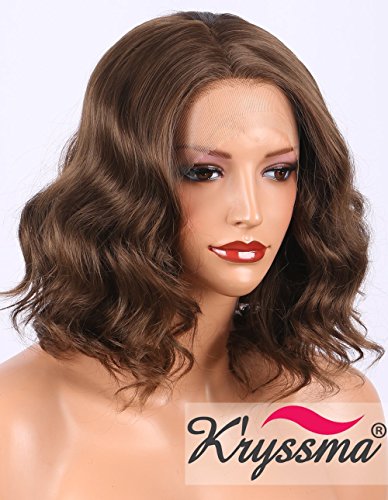 K’ryssma Short Bob Lace Front Wigs for Women, Natural Looking Glueless Short Wavy Brown Synthetic Wig Half Hand Tied Replacement Full Hair Wigs 12 inches