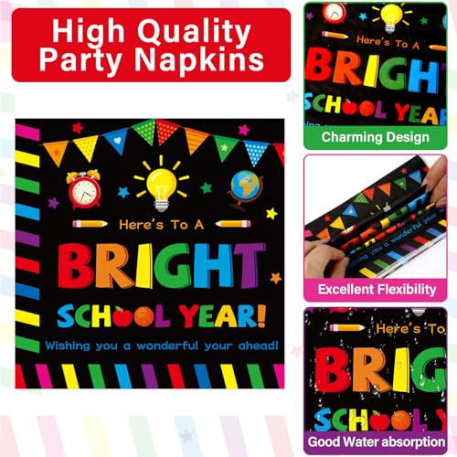 Image of 100PCS Back To School Decorations School Season Supplies Paper Plates Napkins Disposable Black Bottom Colorful Pattern Tableware Dinnerware for Student Birthday Picnic First Day of School Serves 25