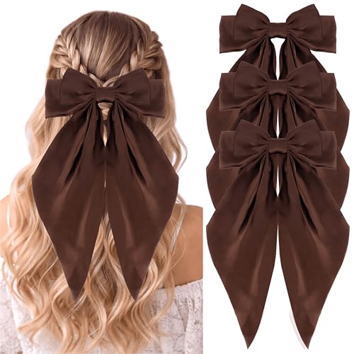 Silky Satin Hair Bows, Oversized Long Tail Bows with Barrette Clips, Coquette Hair Accessories for Women and Girls (Brown 3P)